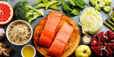 Kitchen counter full of healthy foods that improve your fertility during North Houston fertility treatment